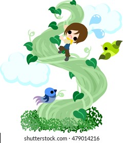 Illustration of a boy climbing the big tree of bean