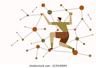 Illustration of a boy climbing up a molecular structure. Concept of moving up in learning