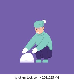 illustration of a boy collecting snow to make a snowman. wear a jacket or winter clothes. people activity. vector designs. design elements for winter and christmas. sticker