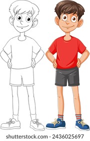 Illustration of a boy, colored and line art versions.