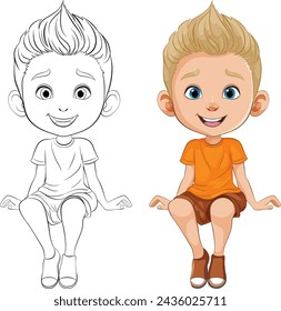 Illustration of a boy, colored and outlined versions