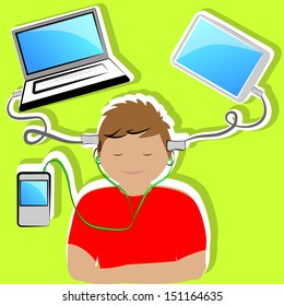 illustration of boy connected to multiple current technological means.