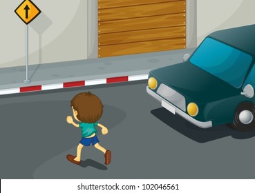 Ilustración de un niño cruzando la carretera