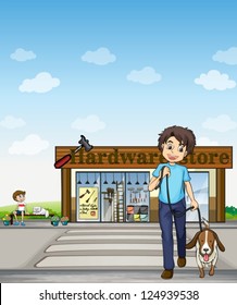 Illustration of a boy crossing the street with a dog