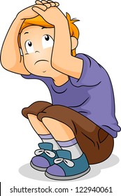 Illustration of a Boy Crouching While Covering His Head