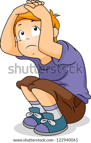 Illustration of a Boy Crouching While Covering His Head