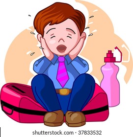 Illustration of boy crying with bag and bottle	