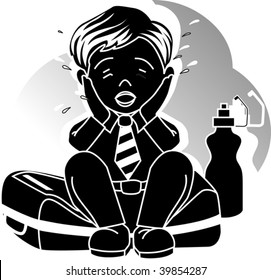 Illustration of boy crying with bag and bottle	