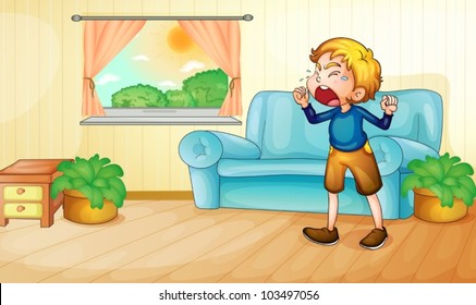 Illustration of a boy crying in living room