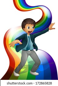 Illustration of a boy dancing above the rainbow on a white background