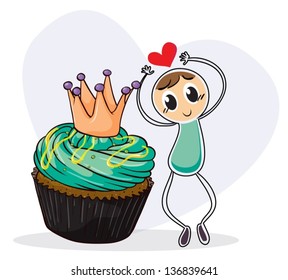 Illustration of a boy dancing beside a cupcake on a white background