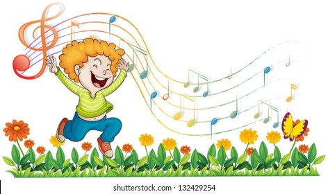 Illustration of a boy dancing in the garden with musical notes on a white background