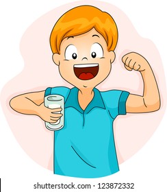 Illustration of a Boy Demonstrating the Strength of His Bicep After Drinking Milk