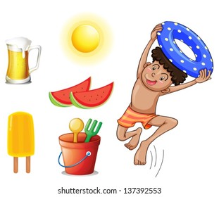 Ilustración de un niño con diferentes cosas para el verano sobre un fondo blanco
