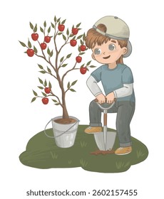 Illustration of a boy digging in the ground next to an apple tree with a bucket.