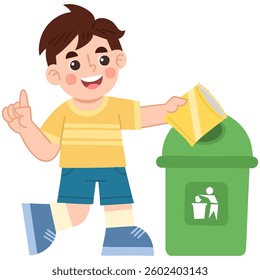 Illustration of boy disposing of waste in green bin