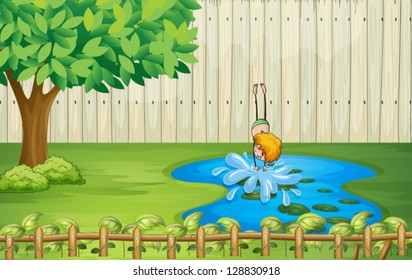 Illustration of a boy diving in the pond
