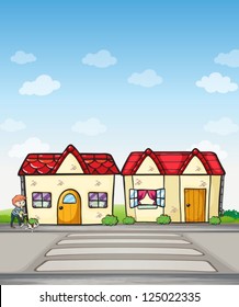 Illustration of a boy with a dog and houses