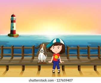 Illustration of a boy, a dog and a light house