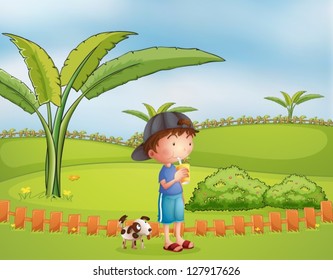 Illustration of a boy with a dog at the park