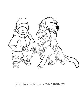 Illustration of a boy and a dog. The boy stands with a bone in his hand and the dog gives him a paw. Friendship of a dog and a man. Stock vector illustration.