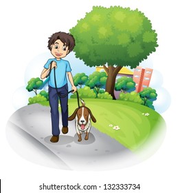 Illustration of a boy with a dog walking along the street on a white background.