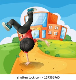 Illustration of a boy doing breakdance along the school