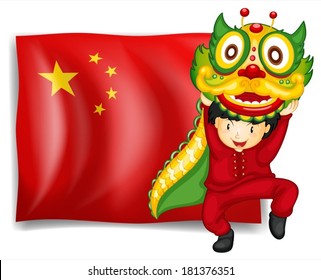 Ilustración de un niño haciendo el baile del dragón frente a la bandera de China con fondo blanco