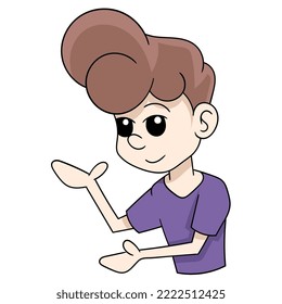 Illustration eines Jungen, der eine Geste mit einem Produkt-Geschäft macht. Vektordesign-Illustration