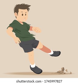Illustration of a boy doing a hop backward. Young teen boy in comfortable clothing, sneakers, jumping over brown wall background. 