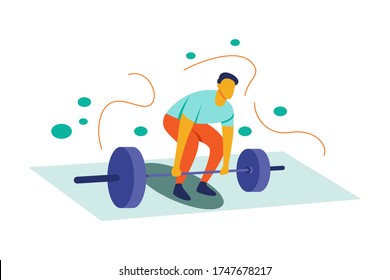 Illustration of a boy doing sports by lifting weights. Flat style cartoon character with orange and green colors. The concept of activities carried out at home during free time