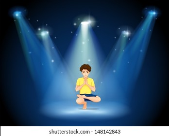 Ilustración de un niño haciendo yoga en el escenario