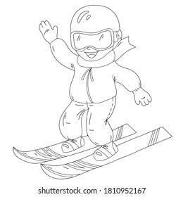 Illustration with a boy downhill skiing. Sports, hobbies, skiing. Linear coloring illustration.