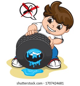 Niño ilustrado sacando agua del neumático, combatiendo el mosquito que transmite el dengue o el virus zika. Ideal para el saneamiento y la salud relacionados con la información y las instituciones