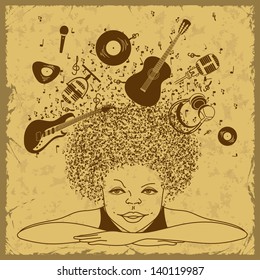 Illustration of boy dreams to be a musician on a retro background