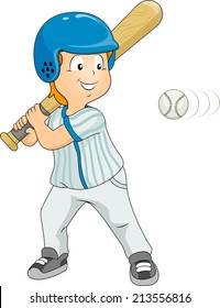 Illustration of a Boy Dressed in Baseball Gear About to Hit the Ball