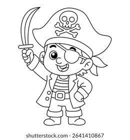 Illustration of a boy dressed as a pirate carrying a sword. Cartoon coloring book for children with a pirate theme