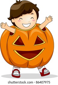 Ilustración de un niño vestido con traje de calabaza