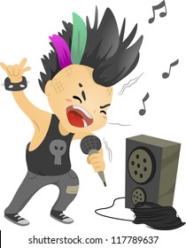 Illustration of a Boy Dressed as a Rockstar Singing in front of a Loudspeaker