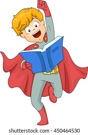 Illustration of a Boy Dressed as a Superhero Reading a Book