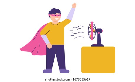 illustration of a boy dressed in superhero style in front of a fan. the concept of children's imagination. flat design. Can be used for landing pages, templates, UI, web.