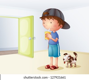 Illustration of a boy drinking beside his dog on a white background