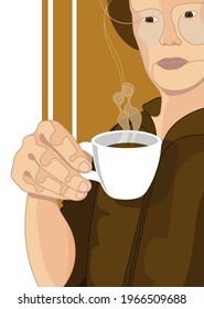 illustration of a boy drinking a steaming hot espresso in white cup