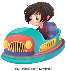 Illustration of a boy driving bumper car on a white background