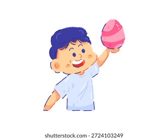Ilustración de un niño con un huevo de Pascua. Feliz de conseguir y encontrar un huevo. Caza de huevos. Celebración o celebración de Pascua. Carácter de niño, lindo, adorable, y adorable. Diseño de estilo de crayón de contorno plano. El fondo blanco.