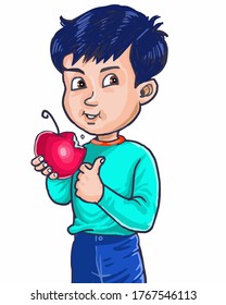 Illustration a boy eat a tasty red apple