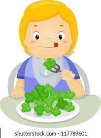 Illustration Of A Boy Eating Brocolli