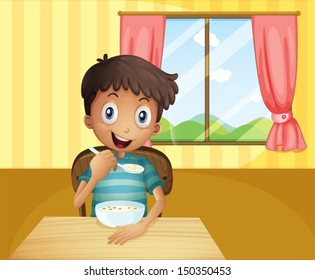 Illustration of a boy eating cereals inside the house