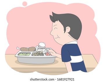 An illustration of a boy eating food on a plate.