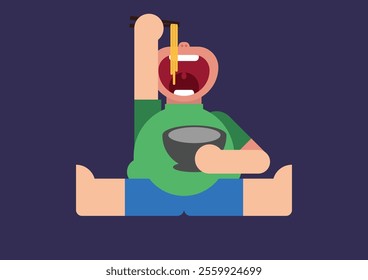 Illustration of a boy eating noodles using a flat design style